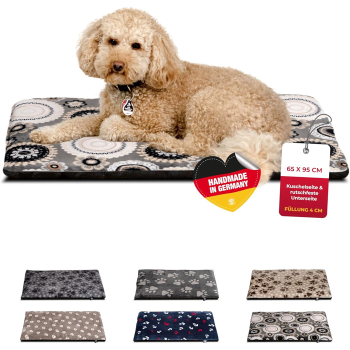 Підстилка для собак HS-Hundebett® XS (45x65 см) – антиковзаюча та зручна, з наповнювачем 3 см – для дивану, авто та переноски – Made in Germany (65 x 95 см, Мандала Антрацит)