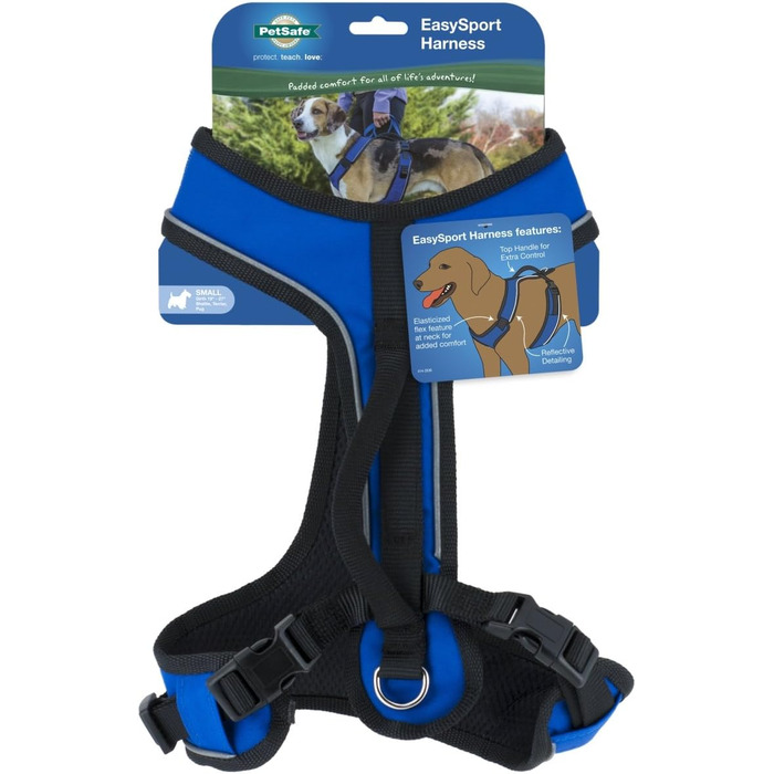 Шлея для собак PetSafe EasySport, регульована, з м'якою підкладкою, контрольна ручка, світловідбивні елементи, синя, розмір S