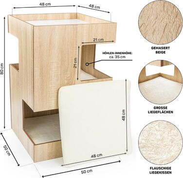 Преміум будиночок для кота з дерева, замок-вежа з лежаками, 50 x 50 x 80 см, темно-сірий (бежевий)
