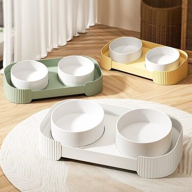 Дві миски для котів білого кольору, запобігають болю в шиї, миска для домашніх тварин, знімна, проти блювоти, керамічна миска, запобігає перекиданню, миска для корму котів з іграшковим м'ячиком, для кошенят, цуценят, собак, зелена, 33*17*6 см