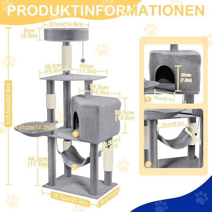 Кігтеточка для котів YRHome Hellgrau (сірий) - багатоярусна з гамаком та будиночком, 133.5 см