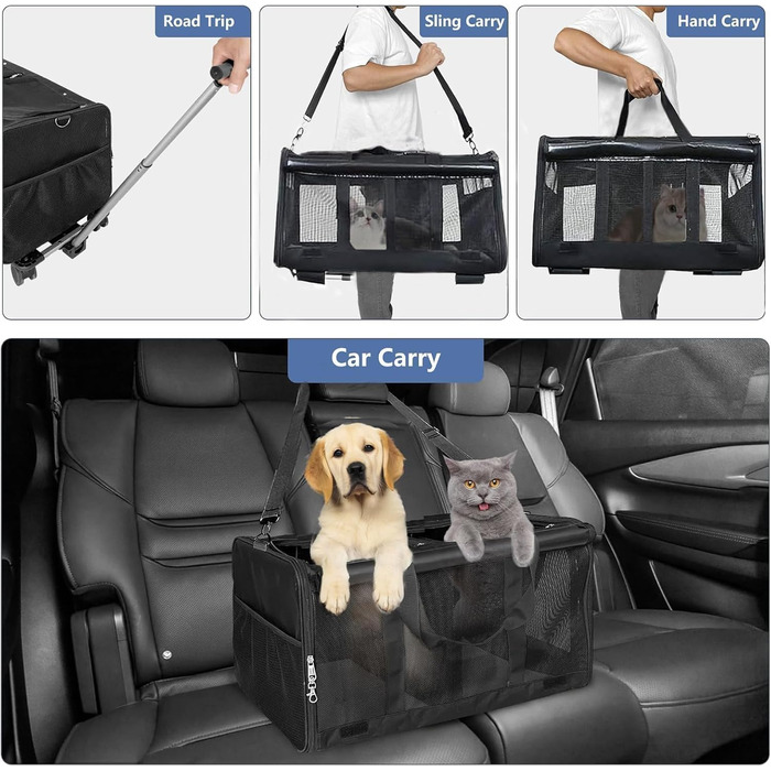 Рол-сумка для тварин з двома відділеннями, велика сумка-переноска для котів на колесах, чорна переноска для тварин до 15,9 кг, з супер вентиляцією та знімними колесами для 2 тварин