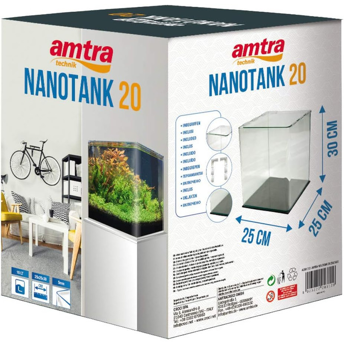 Амтра Nanotank 20 акваріум 20 л, ультрапрозоре скло 25x25x30 см, для золотих рибок та водяних черепах, з протиударним килимком