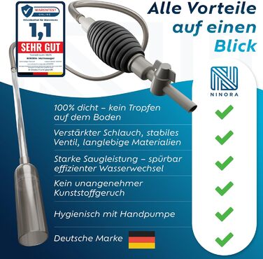 Нінора® Мульмсмукач для акваріума – очищувач ґрунту, заміна води з насосом та шланговим клапаном | Безпечний для риб, без хімії | Для малих та великих акваріумів | Аксесуари для акваріума з електронною книгою