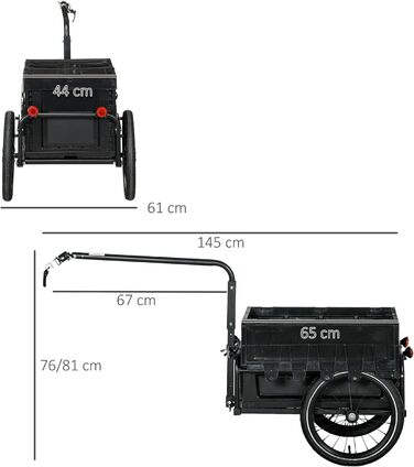 Причіп для велосипеда HOMCOM з ящиком, знімний та складаний, 65 л, колеса та світловідбивачі, максимальне навантаження 40 кг, чорний