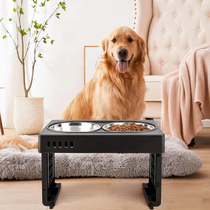 Підвищений годівниця для собак та котів 2-в-1, 4 регульовані висоти, підставка Anti-Slip з нержавіючою чашею, чорний (44 x 27,5 x 7 см)