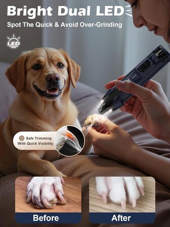 Електричний тример для собак Casfuy - 6 насадок, потужний, тихий, з LED-підсвіткою та збирачем пилу, 4.8V, для великих собак, блакитний