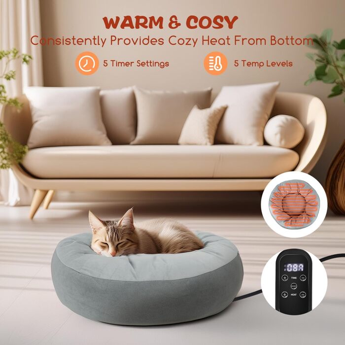 Кішечкове ліжко Nobleza з регульованою температурою, тепла підстилка у вигляді пончика з захисним кабелем, що не гризеться, 50 см, сіре
