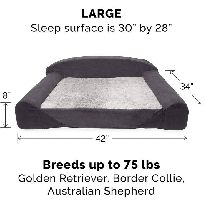 Ортопедичне собаче ліжко Furhaven для великих та середніх собак знімний, пральний чохол та двостороннє пінополіуретанове подушка, для собак до 34 кг – Luxury Edition з штучного хутра та замші – L 86 x B 107 x H 33 см, сірий колір (Luxury Edition з штучног
