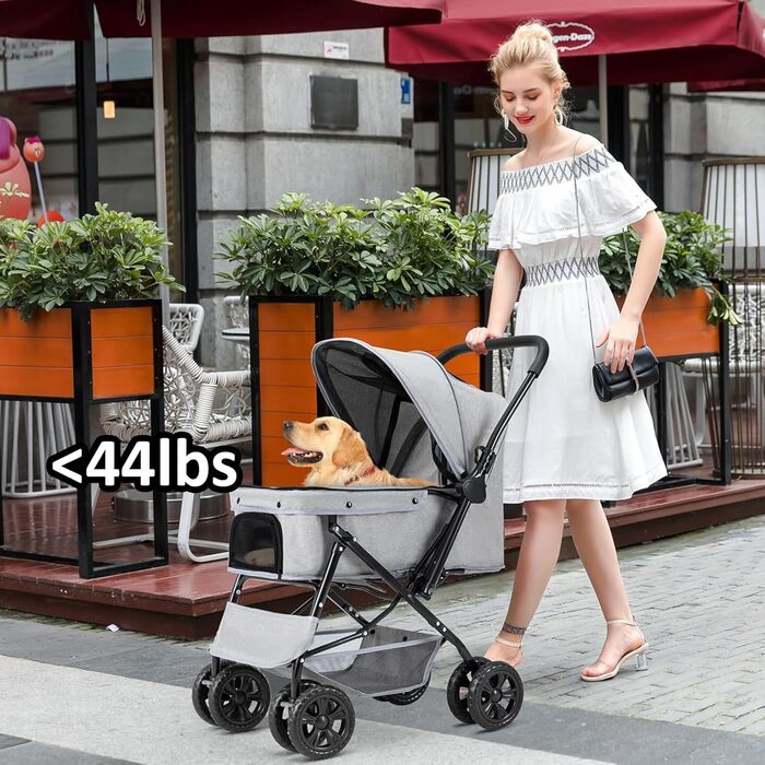 Візок для тварин, візок для собак та котів до 20 кг, чорний. Зручний, з поворотними колесами, кошиком для зберігання та гальмом. Легко складається.