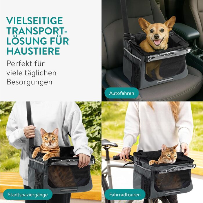 Корзина для собак Navaris на велосипед, спереду - сіра, до 10 кг, з додатковими кишенями