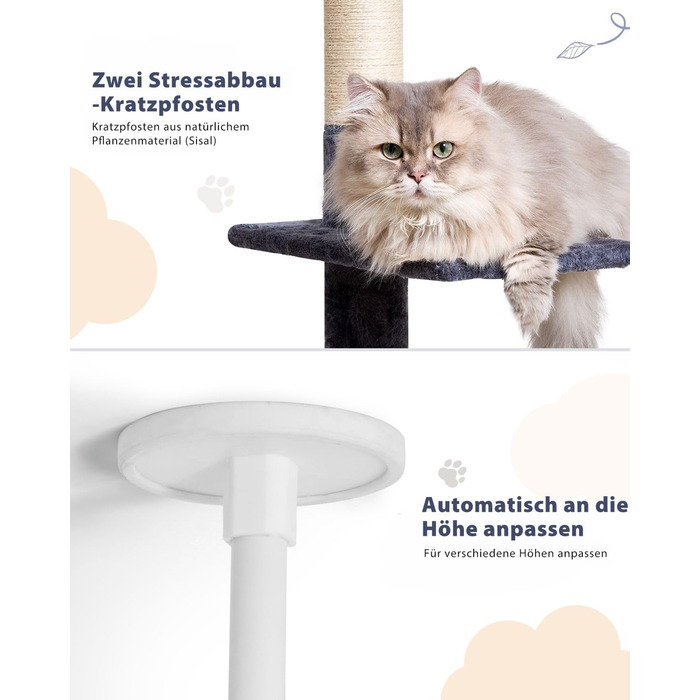 Кігтеточка NEGTTE з регулюванням висоти (230-275см) - кігтечочний комплекс з 2 кігтеточними стовпами, гамаком та будиночком. Вузька кігтеточка висотою для невеликих приміщень, система натягу стелі, страховий ремінь, темно-сірий колір