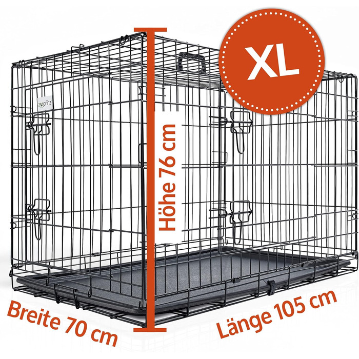 Складана переносна собача будка ZooPrinz з міцної сталі – клітка для собак з 2 дверцятами, піддон, ручка для транспортування, 4 розміри (107 x 70 x 77,5 см)