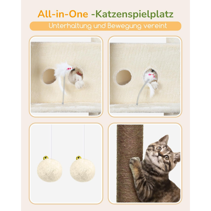 Комплекс для котів Globlazer Kratzbaum Beige XXL (204 см) для великих котів: будиночок, платформа, гамак, іграшки