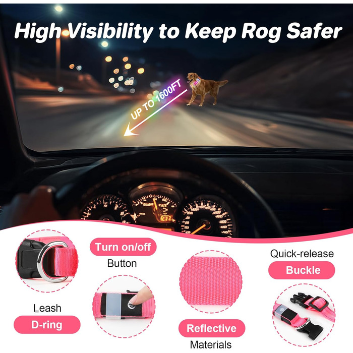 Світлодіодна нашийник для собак Feycig з USB-зарядкою, водонепроникний, регульований, 3 режими, для малих, середніх та великих собак (світлороже, S(28-40см))