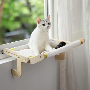 Підвіконна лежанка для котів MEWOOFUN, беж, до 18 кг, двостороння, без свердління та присосок