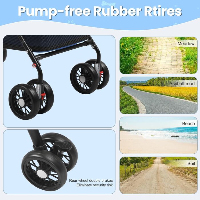 Складана візок для тварин до 10 кг з амортизаторами 360° та сонцезахистом - Легкий вигулювач для котів/маленьких собак (Чорний/Синій)