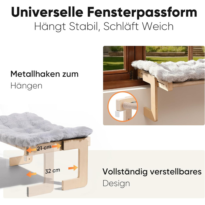 Котяча гамак FUKUMARU для вікна та підлоги, міцна конструкція, легко збирається (Сірий з м'яким подушкою)