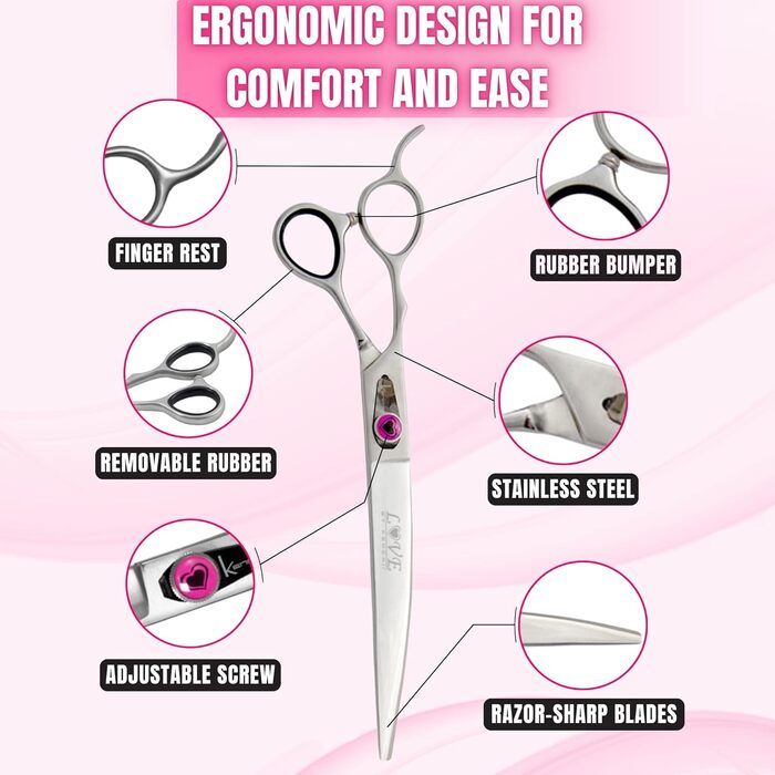 Кенчійська ножиця для лівшів Kenchii, 20.3 см, вигнута ножиця для грумінгу собак, Love Collection, аксесуари для догляду за тваринами, ножиці для стрижки шерсті 8' Curve Lefty