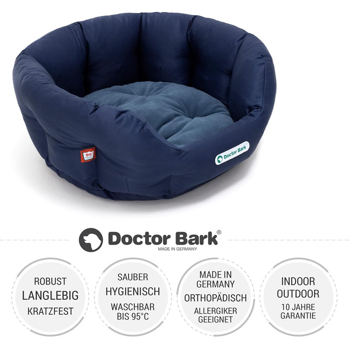Кругле ліжко для собак Doctor Bark - м'яке собаче гніздочко для собак середніх порід з ортопедичною подушкою та іграшкою-кісткою. Можна прати до 95°C. Виготовлено в Німеччині (L - 60x50 см, Кьонігсблау)