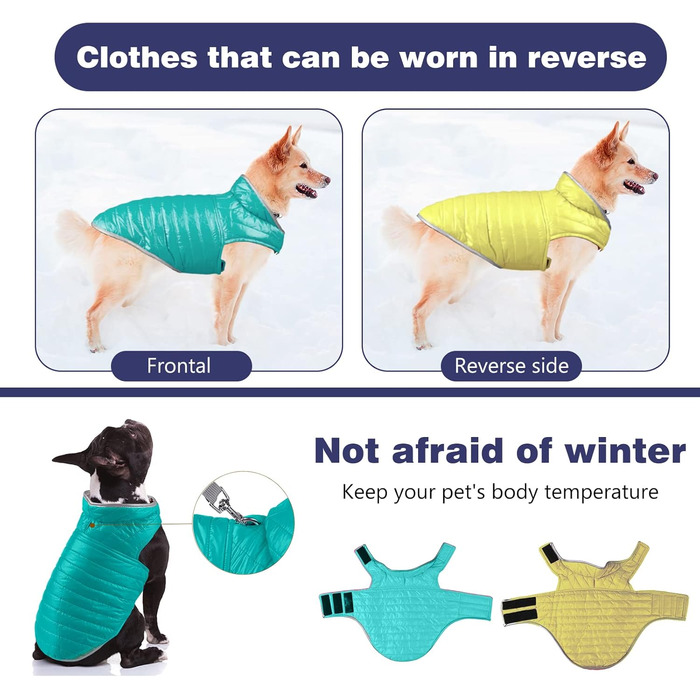 PETCUTE Зворотна куртка для собак, зимова, водонепроникна, для цуценят, з отвором для повідка, L, блакитний+жовтий