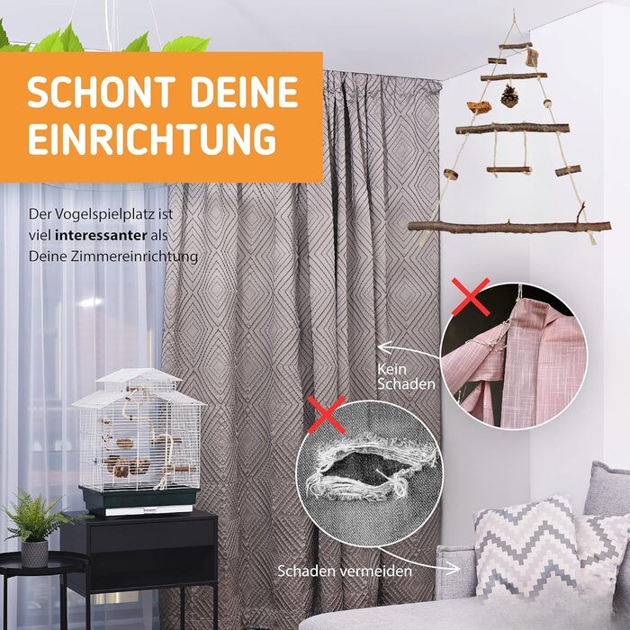 Ігровий майданчик для птахів Vogelgaleria® з натурального дерева | Гойдалка для хвилястих попугаїв | Іграшка для маленьких папуг | Іграшка для корелл | Підвісний ігровий майданчик для хвилястих попугаїв