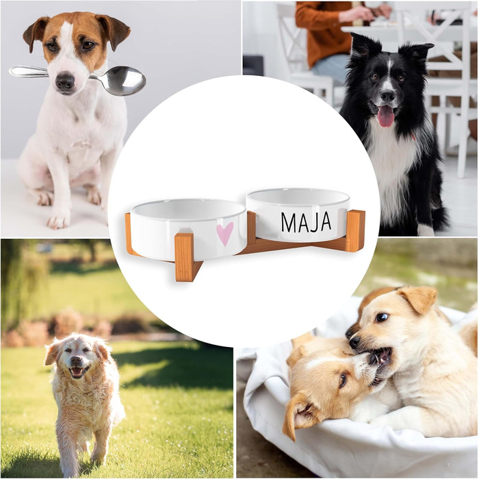 OWLBOOK Миска для собак з іменем Rosa Herz, подвійна керамічна миска з бамбуковим підставкою, 300 мл