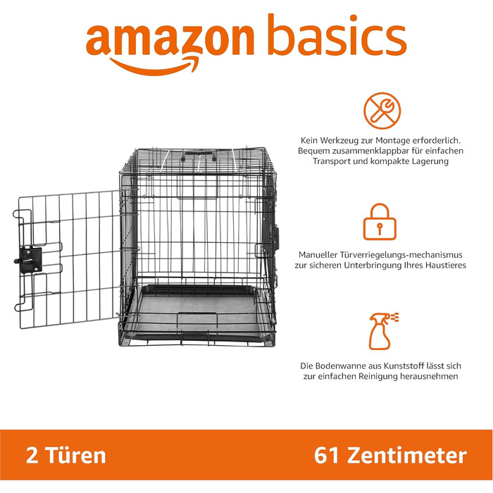 Складаний металевий вольєр-клітка для собак Amazon Basics з подвійними дверима та піддоном, чорний, 61×46×49 см