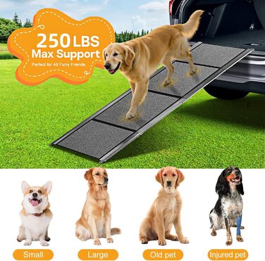 Рампа для великих тварин, 170.2 см x 43.2 см, розкладна, алюмінієва, з водонепроникним килимком, до 113 кг, для великих собак, підходить для SUV