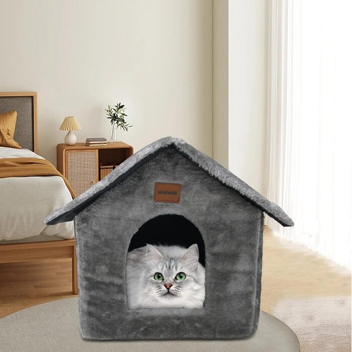 Будиночок для котів Whiwhi, плюшевий, з м'якою подушкою, переносний, теплий, антиковзкий, 40x35x40 см, сірий