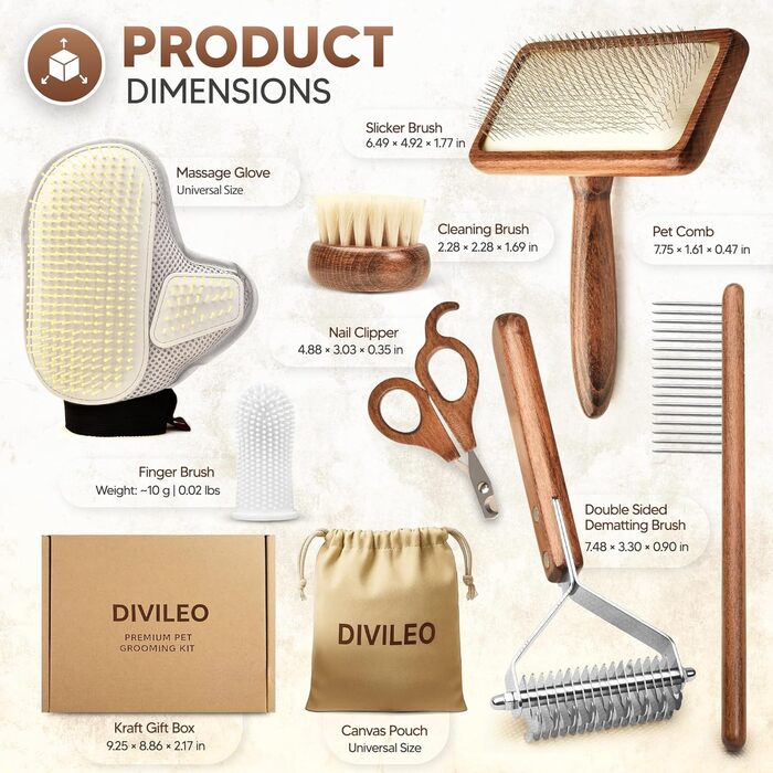 Преміум набір для догляду за шерстю з дерева - професійний набір для видалення шерсті, розплутування та стрижки нігтів для собак, котів та дрібних домашніх тварин - подарункова коробка з 10 частинами та канвасною сумкою
