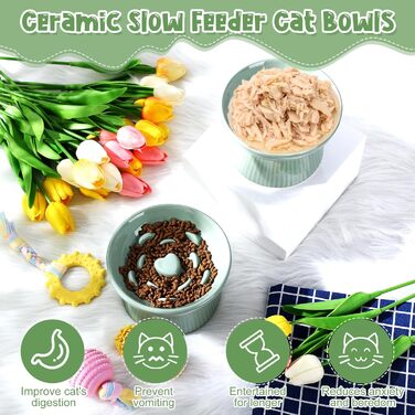 Підвищена годівниця для котів Tioncy, кераміка, 2 шт., чорний/білий, зелений, без розливання, високий борт