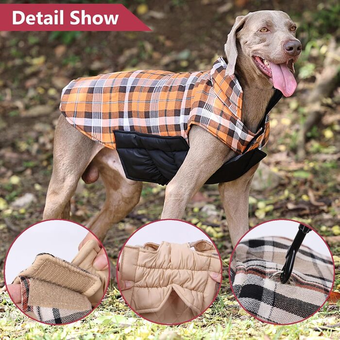 Зимовий одяг для собак, водонепроникна тепла куртка для малих, середніх та великих собак, для активного відпочинку на вулиці з отвором для повідка, двостороння куртка в клітинку, бежевого кольору, розмір L