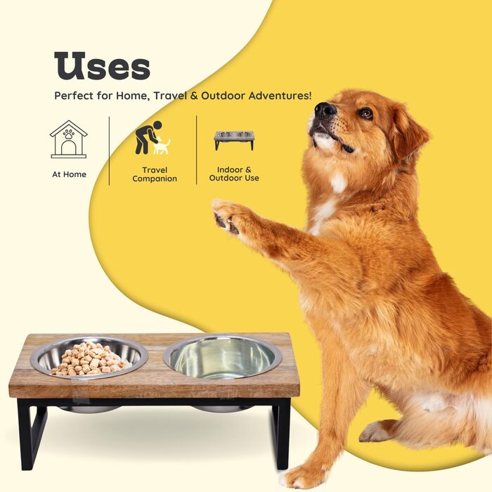 Підвищений дерев'яний стійка для собак AASPIRE PETS з 2 нержавіючими мисками – для води та корму, об'єм 0,9 л, годівниця для собак середніх та великих порід
