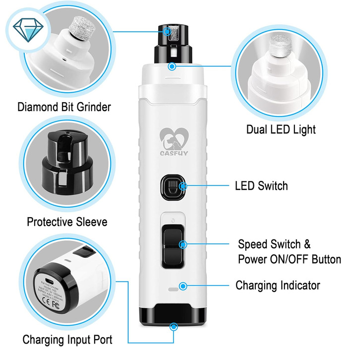 Електричний точило для собачих кігтів Casfuy з 2 LED-лампами - 4.8V, 2 швидкості, для середніх собак, тихе, перезаряджуване