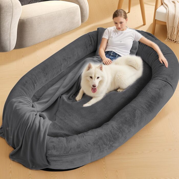 Крісло-мішок для собак та людей NESTROAD, 180x114x35 см, сірий, з штучним хутром, подушкою та ковдрою
