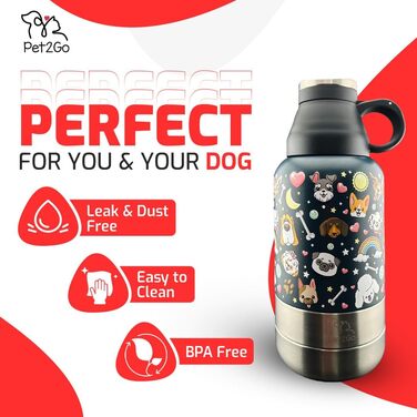 Пляшка для води PET2GO для собак 900 мл з контейнером для ласощів і знімними мисками, ізольований портативний нержавіючий поїльник для домашніх тварин, аксесуари для собак, для прогулянок і подорожей, сірий