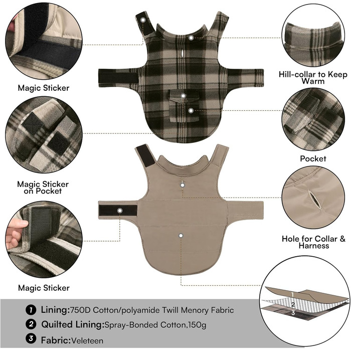 ASENKU Теплий зимовий одяг для собак маленьких порід. Зимова куртка для собак, флісова, реверсивна, водонепроникна, вітрозахисна, з отвором для повідка. Колір: зелений (M, коричневий)