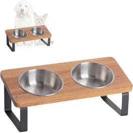 Підвищена годівниця для котів та маленьких собак з кераміки та дерева (Акація - Нержавіюча сталь)