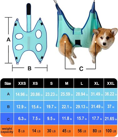 Гамак для грумінгу собак, гамак для догляду за собаками, гамак для підстригання нігтів з кусачками, гамак для грумінгу з широким ременем (Великий 20 кг, блакитний)