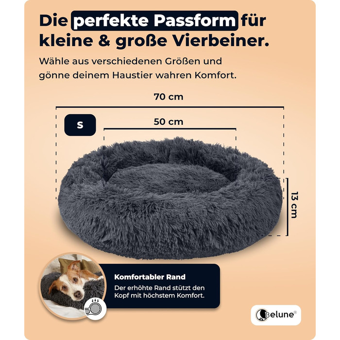 Belune® Лежанка для собак [знімний, пральний чохол] - Оригінал - [S, 70см, Темно-сірий] Корзина для собак, ліжко для котів, лежанка для собак, собаче ліжко, пухнасте ліжко для собак великих, середніх та маленьких порід S (70см) Темно-сірий