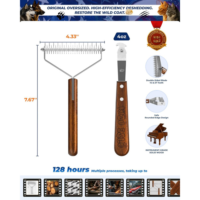 Гребінець для собак та котів з подвійним гребенем, для видалення ковтунів, з ручкою з дерева Сапелі. Підходить для німецьких вівчарок та тварин з середньою та довгою шерстю