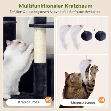 Кігтеточка Globlazer 204 см з 3 будиночками, 2 платформами, 3 м'якими будиночками для котів, стабільна, для 3-5 котів, відпочинок, ігри, дряпання, інтер'єр (Dunkelgrau)