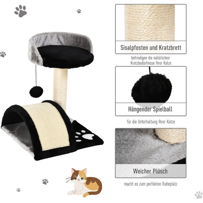 Кігтеточка для котів PawHut - кігтеточка-дерево з іграшками, чорна, 35,5 x 37 x 46 см