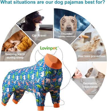 LovinPet комбінезон для великих собак, післяопераційний, для догляду за ранами, повний захист, легкий, еластичний, з динозаврами, піжама для собак
