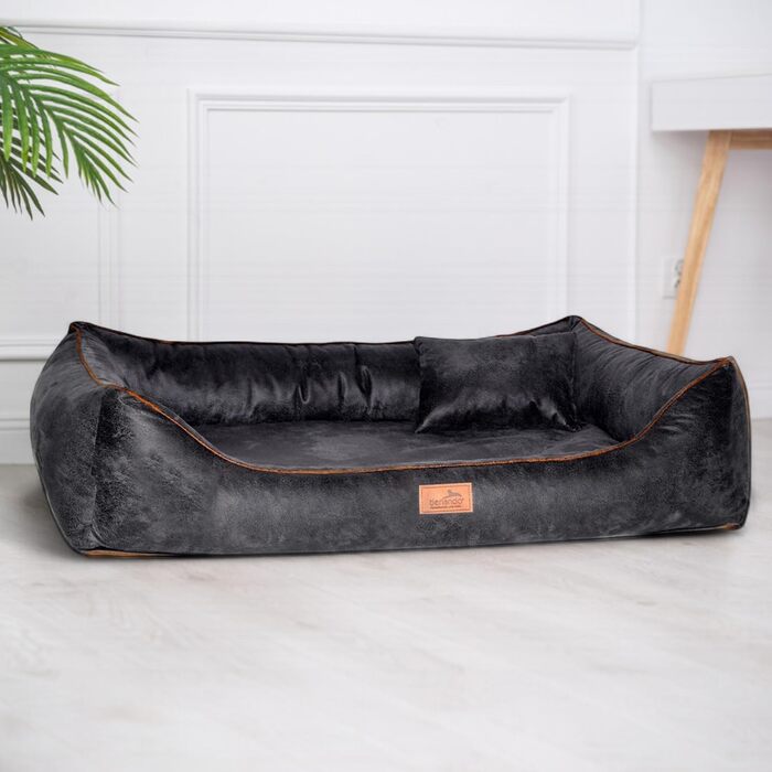 Ортопедичне ліжко для собак Tierlando® Alberto у вінтажному стилі знімний велюровий чохол, комфортне та легке у догляді | Розмір: 120x85 см | Чорний