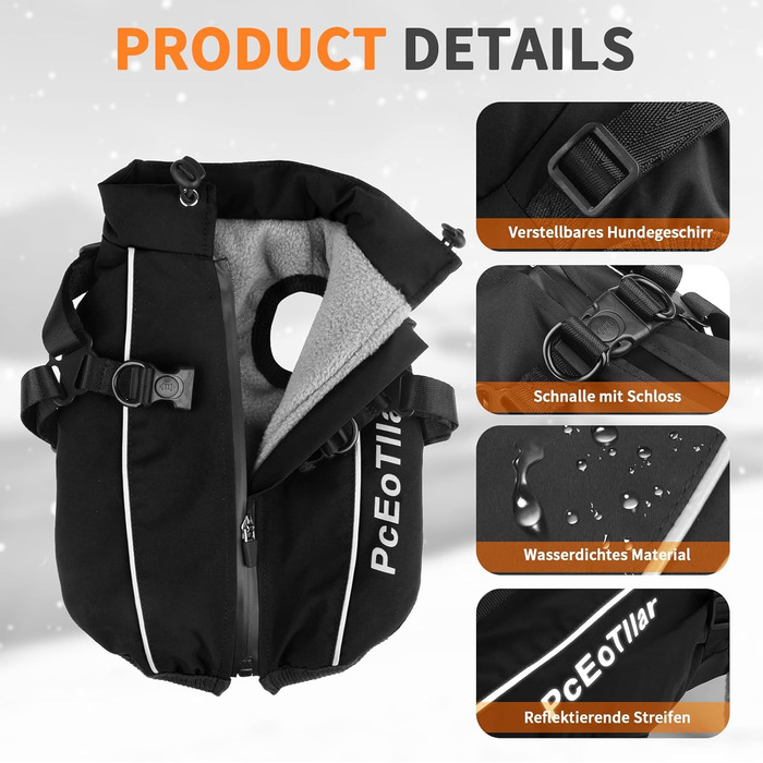 Водонепроникний собачий дощовик для маленьких собак, тепла світловідбиваюча куртка з шлейкою для зими, костюм для катання на лижах, бавовна, чорний собачий пуловер S