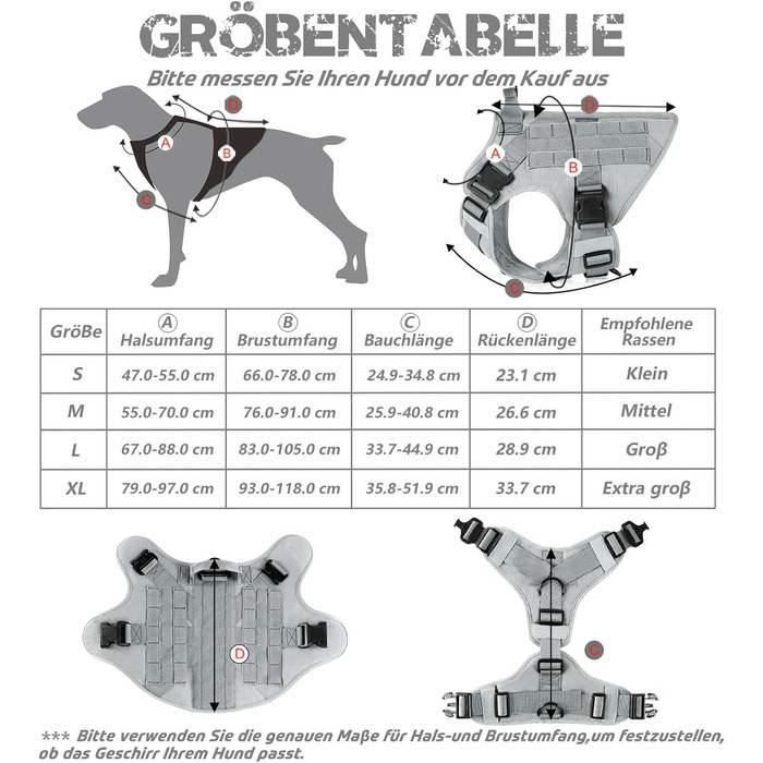 Шлейка для собак Rabbitgoo великих порід, без натягу, тактична з MOLLE, металеві пряжки, дихаюча, військова, регульована, з підкладкою, сіра, L (1 шт.)
