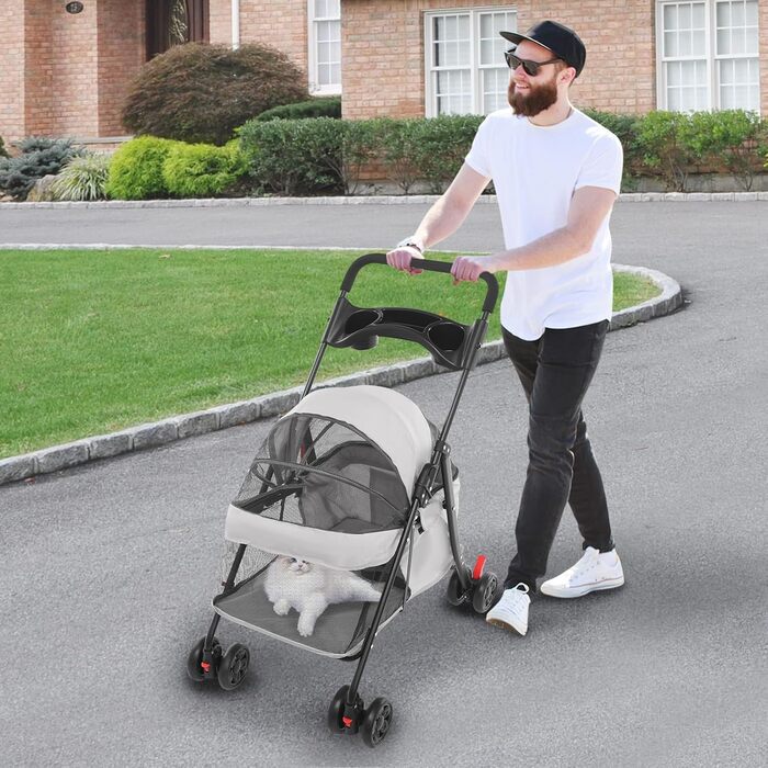 Візок для собак до 18 кг, розкладний, легкий та портативний. Dog Stroller для маленьких та середніх собак/кішок, дихаюча сітка, тримач для напоїв та гальма. Колір: світло-сірий