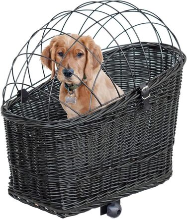 Корзина для собак на велосипед – ручної плетіння з лози, з ґратчастою кришкою, кріпленням для багажника та знімним подушечкою. Розмір: 60 x 39 x 50 см, колір чорний (венге), XL